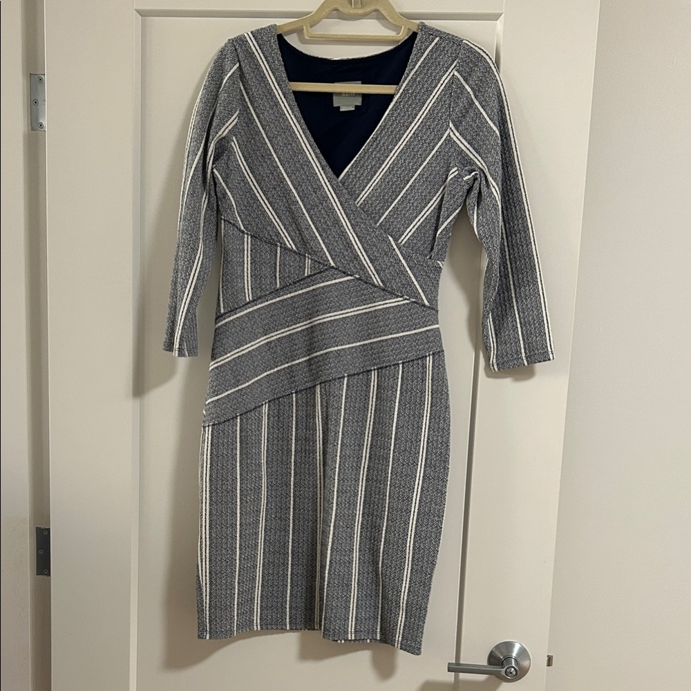 Maeve Gray and White Striped Long Sleeve Dress